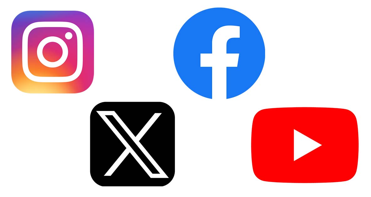 Logos Social Media Plattformen Insta, X, Facebook, YouTube